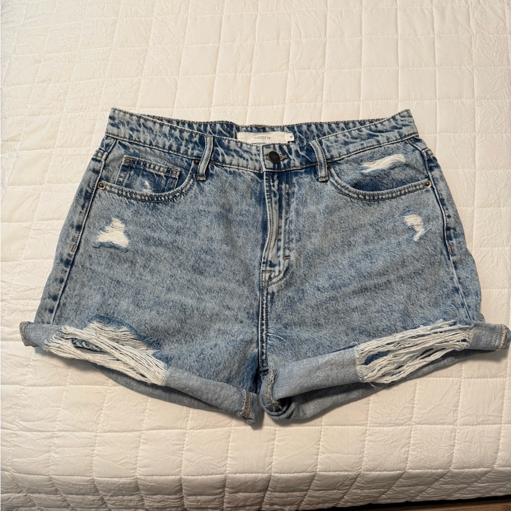 Blue High-Waisted Distressed Jean Shorts